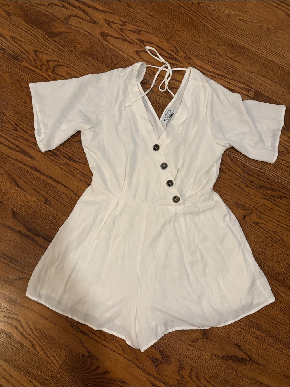 White Button-Front Romper with Tie Back
